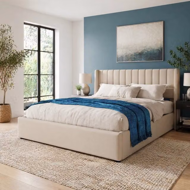 Letto matrimoniale contenitore idraulico 140x200 cm con rete a doghe; lino beige