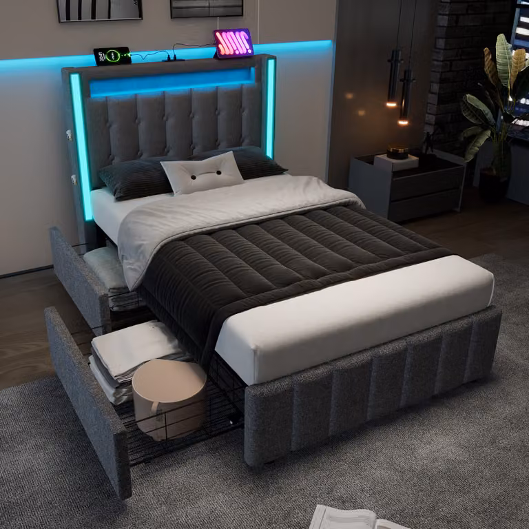 Letto imbottito 90x200 cm, grigio, con rivestimento in lino, illuminazione LED, funzione di ricarica USB di tipo C e 2 cassetti, ideale per la camera da letto
