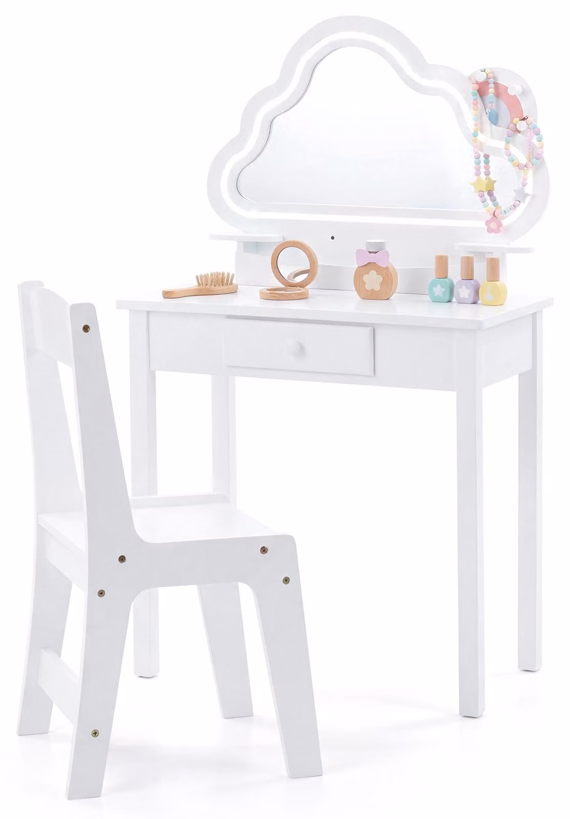 Tavolino da trucco per bambini, tavolino da trucco per bambine, tavolino da parrucco con sedia, specchio, cassetto, ripiani e ganci, tavolino cosmetico per bambine dai 3 anni in su, bianco