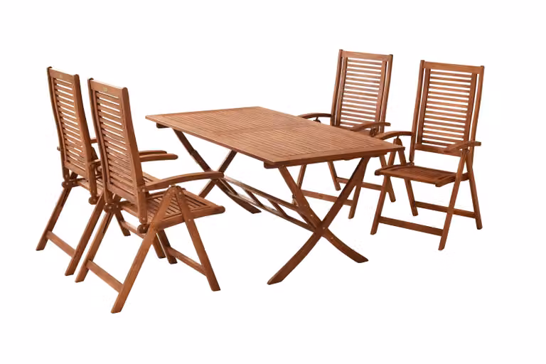 Set di mobili da giardino Merxx Cordoba 5 pezzi, 4 poltrone pieghevoli, tavolo pieghevole 160 x 90 cm - Eucalipto