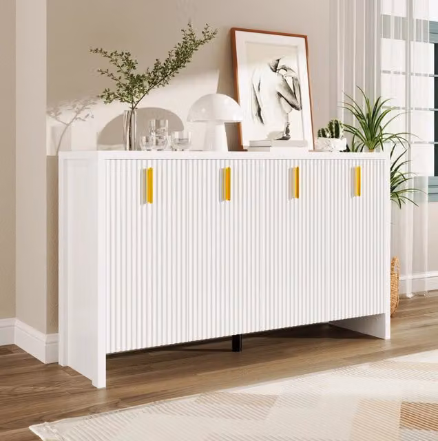 Sideboard bianco moderno con maniglie dorate e ripiani regolabili, 140x38x80 cm