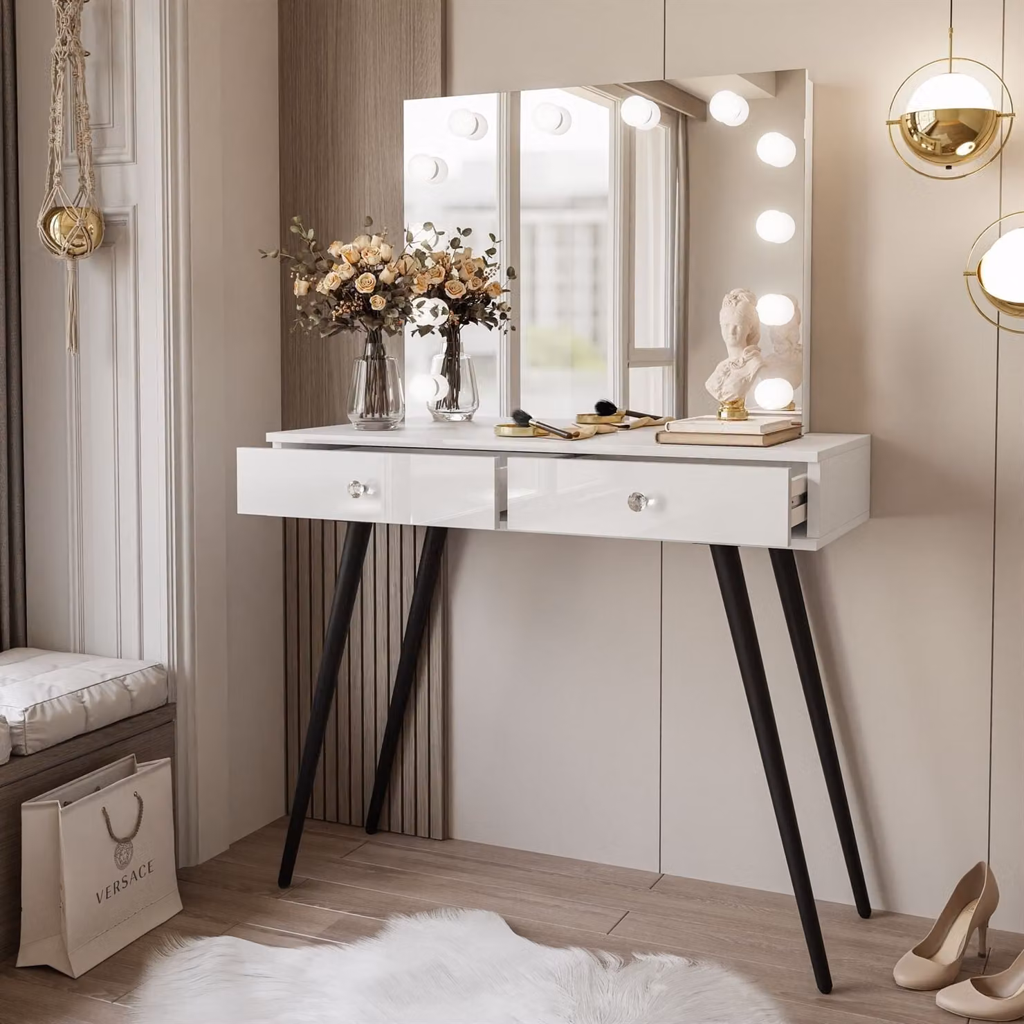 SIENNA LOFT ELITE Tavolo da trucco con specchio, nero/bianco lucido, maniglia in cristallo bianco
