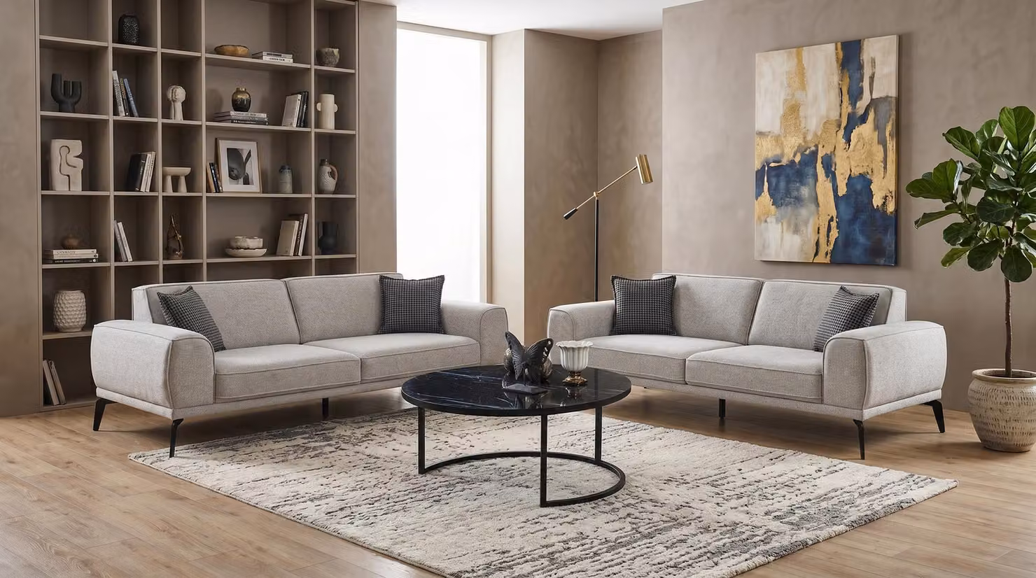 Divano componibile, composto da 3 posti (2 divani a 3 posti), tavolino da caffè moderno, colore grigio antracite, stile elegante