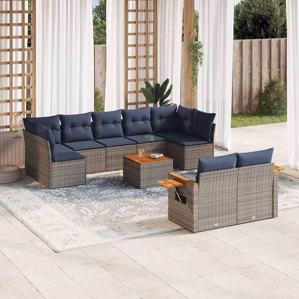 Set di divani da giardino vidaXL in polyrattan con cuscini grigi e blu, composto da 10 pezzi con tavolino e sedute imbottite per esterno – 1