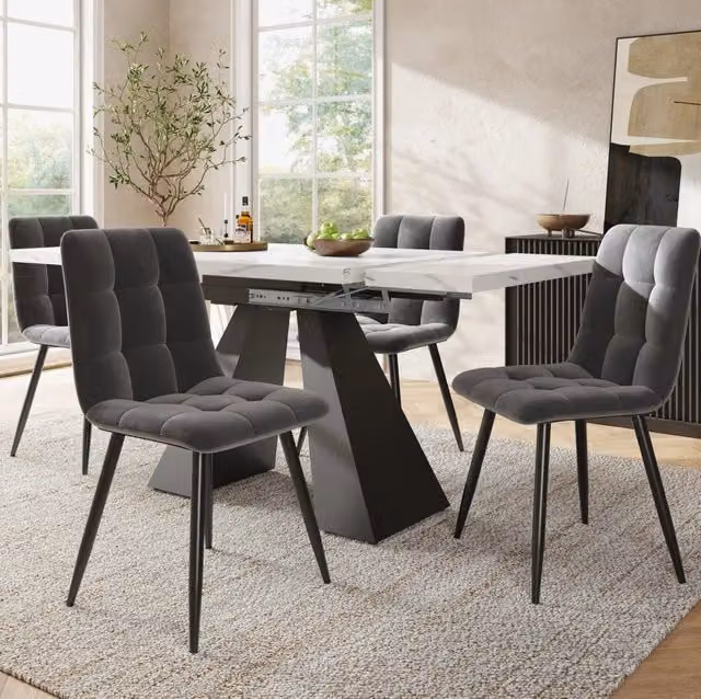 Set tavolo da pranzo allungabile con 4 sedie in velluto; 99-159x74x77 cm; bianco e nero