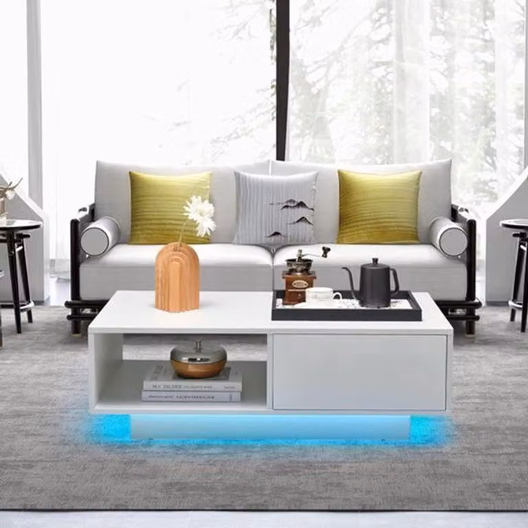 Tavolino da salotto bianco lucido - 110x70 cm - Con illuminazione a LED e cassetto