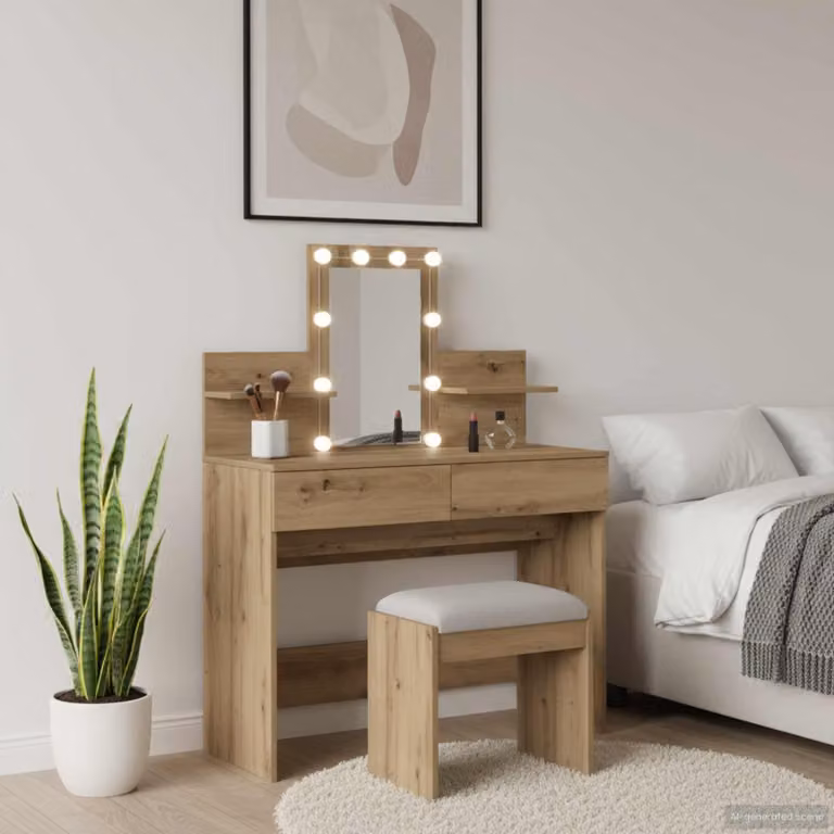 vidaXL Tavolo da Trucco Moderno in Rovere con LED L/P/H: 100 x 40 x 130 cm