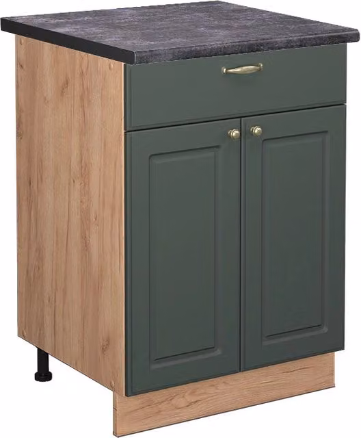 Mobiletto base per cucina Fame-Line Verde-oro rustico/Rovere dorato 60 cm con cassetto, PL Antracite Vicco