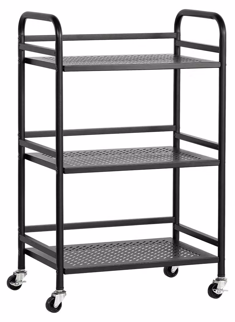 Carrello a tre ripiani, struttura in metallo multifunzionale robusta, colore nero