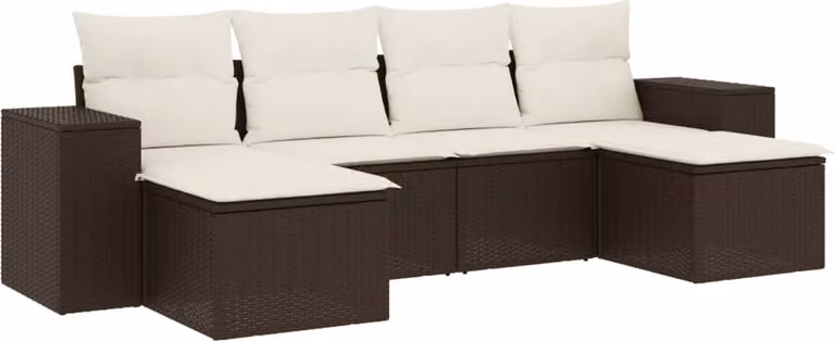 Set Divano da Giardino 6 pz con Cuscini Marrone in Polyrattan