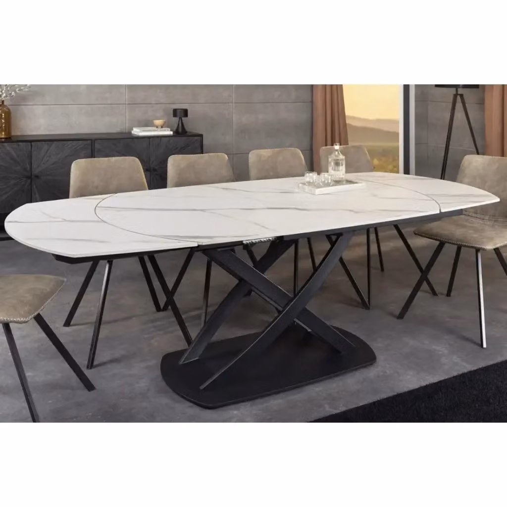 Tavolo da pranzo ovale estensibile Meublorama con piano in ceramica bianca effetto marmo e struttura in metallo stile moderno – 2