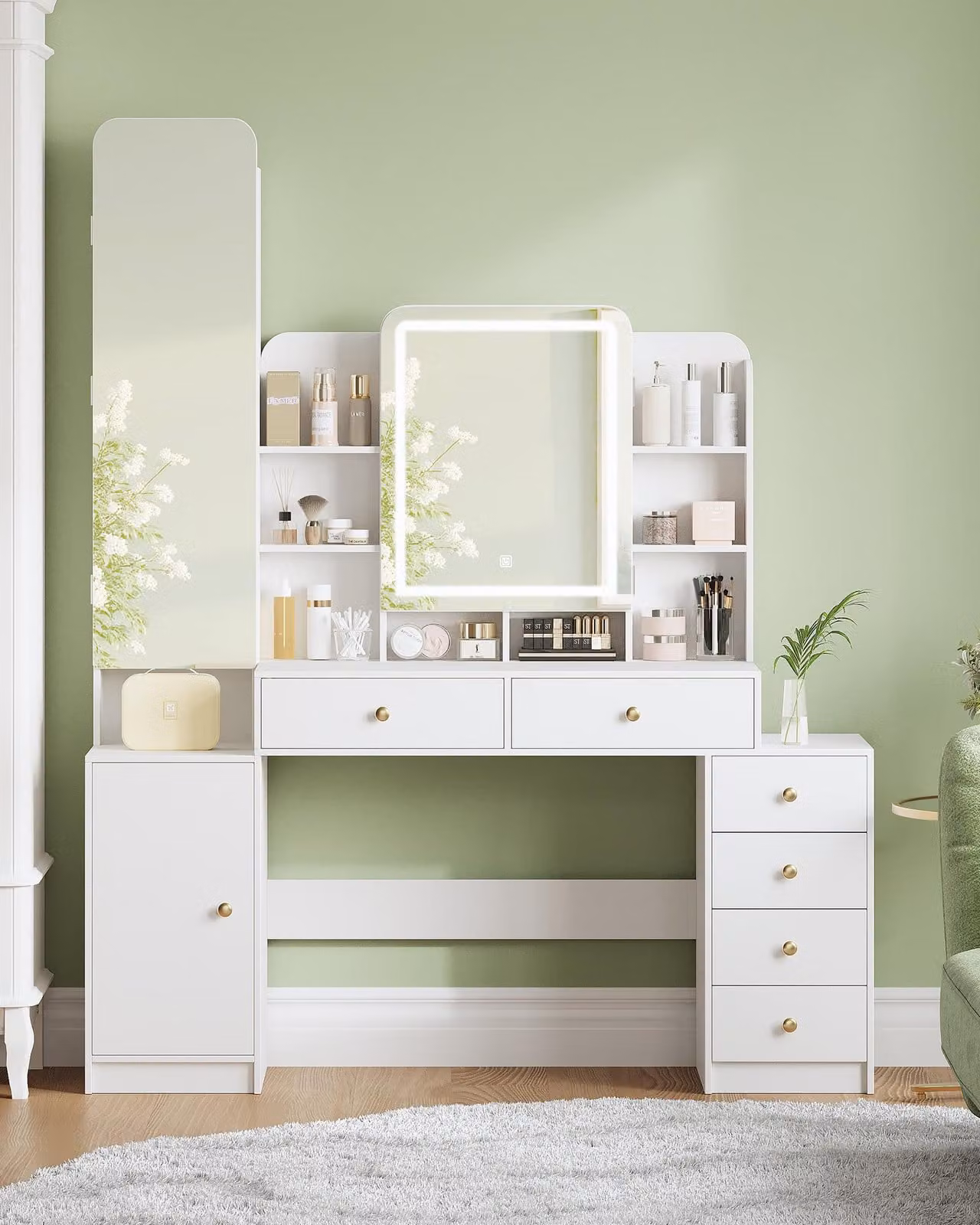 Scrivania da trucco con illuminazione - Bianca - In legno - Design moderno e minimalista - Con specchio e spazio contenitivo