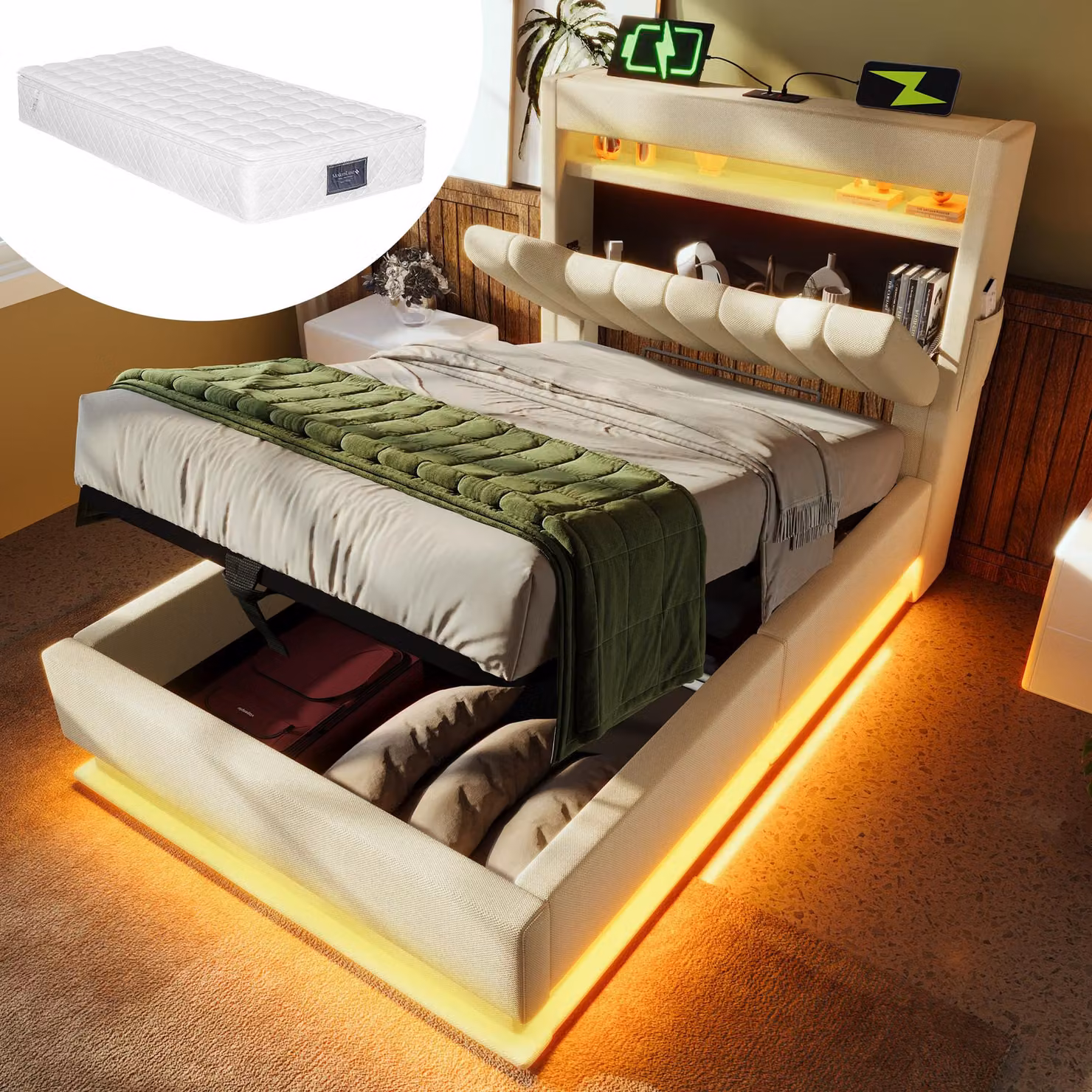 letto singolo imbottito 90x200cm, testata con contenitore, con illuminazione a LED con contenitore idraulico, beige, lino, con materasso.