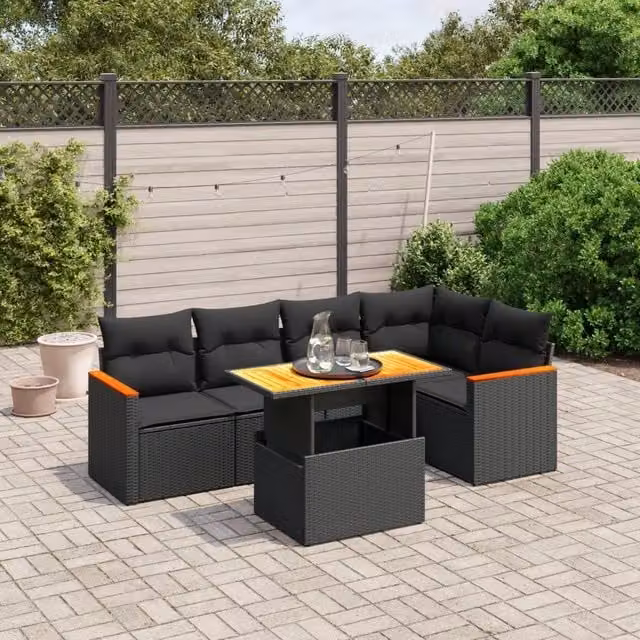 Set Divano da Giardino VIDAXL a L in Polyrattan Nero con Cuscini, 6 Posti – 1