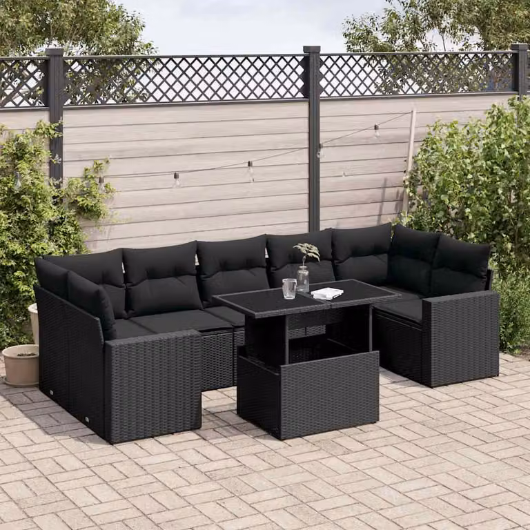 vidaXL Set Divani da Giardino a L con Cuscini 8 pz Nero in Polyrattan e Metallo