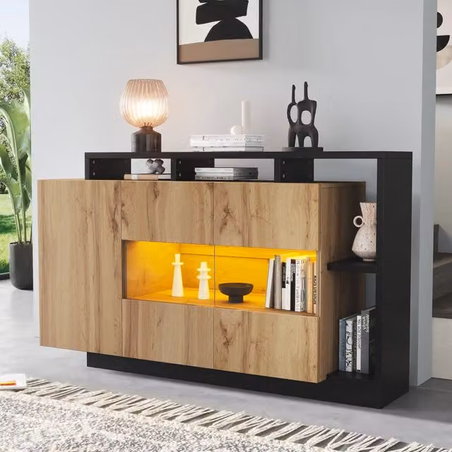 Credenza LED moderna - Zephmum - MDF legno naturale, controllo Bluetooth