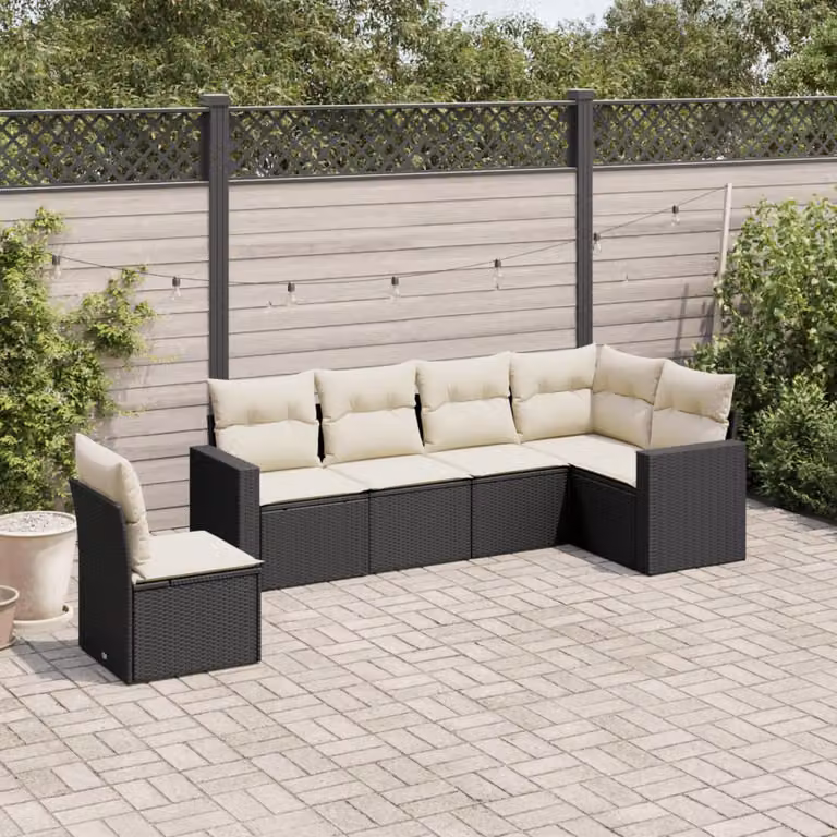Set Divano da Giardino a L vidaXL 6 pz con Cuscini Nero in Polyrattan e Acciaio