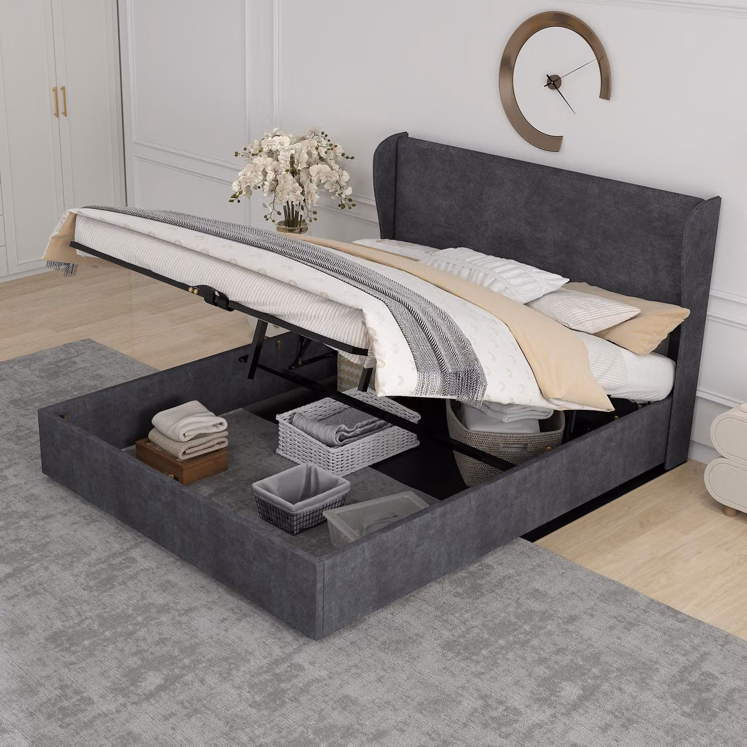 Letto imbottito okwish, 160x200 cm, con materasso, letto matrimoniale con spazio contenitore, letto per giovani con testiera confortevole, struttura del letto con meccanismo a gas, colore grigio