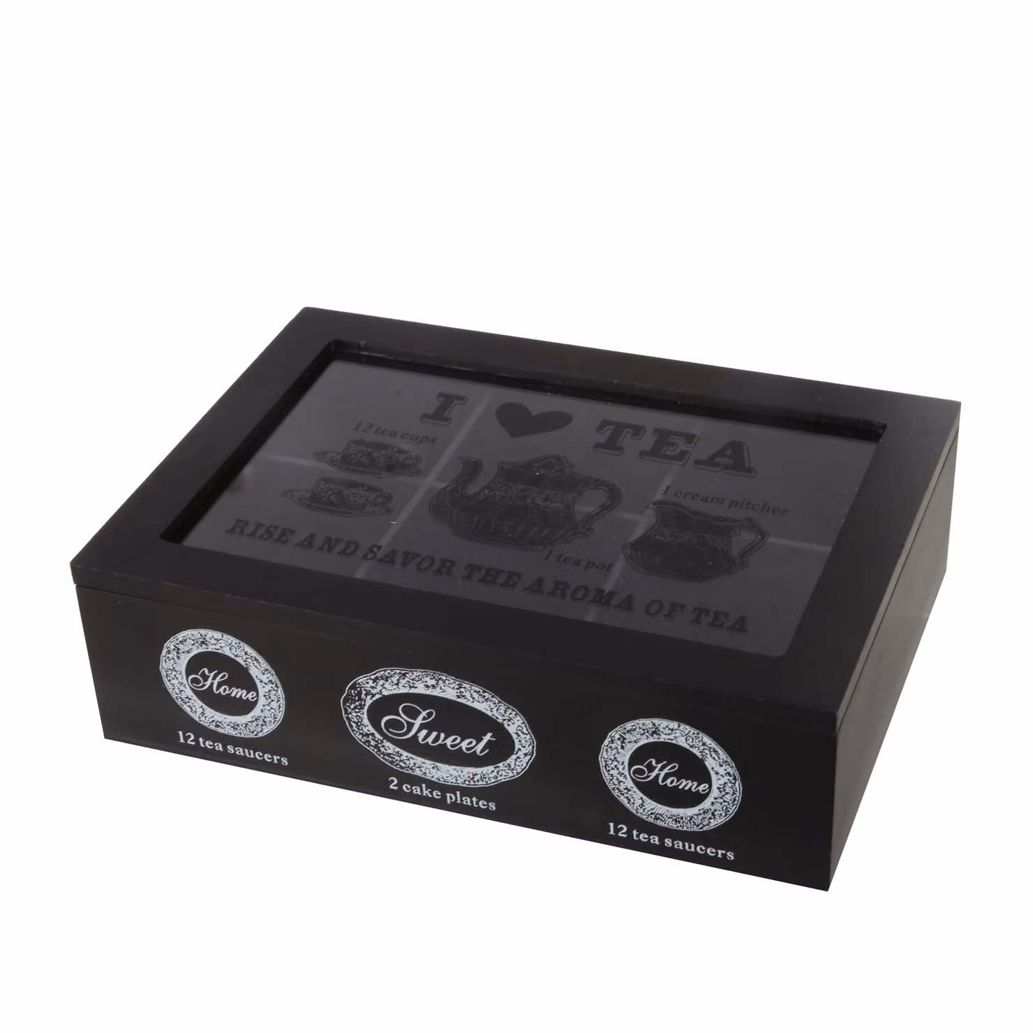 Scatola per tè I love tea con 6 scomparti in legno e vetro, colore nero – 2