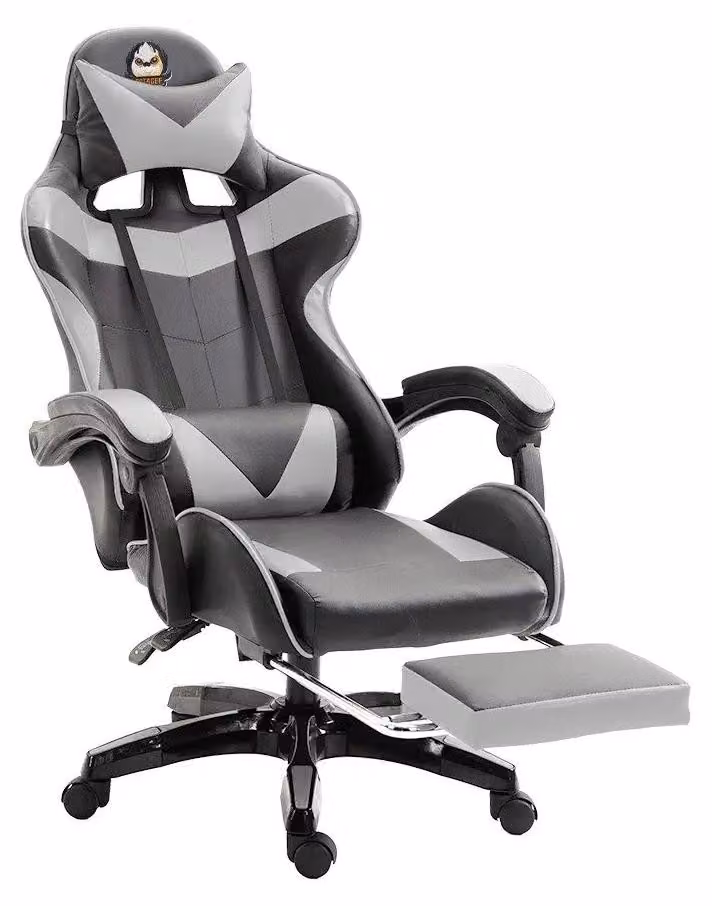 Sedia da gaming, sedia da ufficio - Sedia girevole ergonomica - Regolabile in altezza - Funzione reclinabile - Rivestita in ecopelle con cuscini - Con braccioli e rotelle - Decorata con orecchie da gatto - Grigia