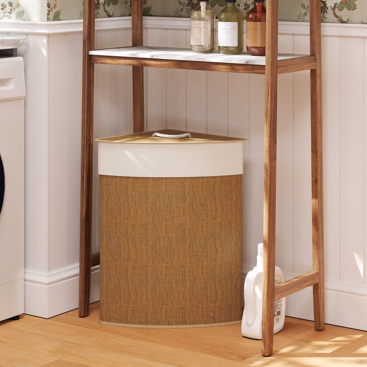 Cesto portabiancheria angolare HOMCOM in bambù marrone da 55L con sacco estraibile e coperchio removibile, L/P/H: 35 x 35 x 60 cm – 2
