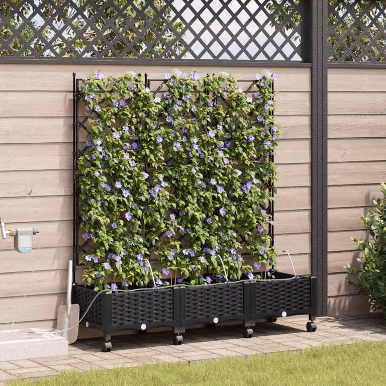 Set di 3 vasi da giardino con irrigazione e ruote vidaXL, colore nero, in plastica