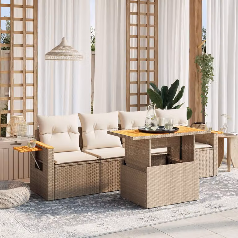 vidaXL Set Divano da Giardino 5 pz in Polyrattan Beige con Cuscini e Tavolino
