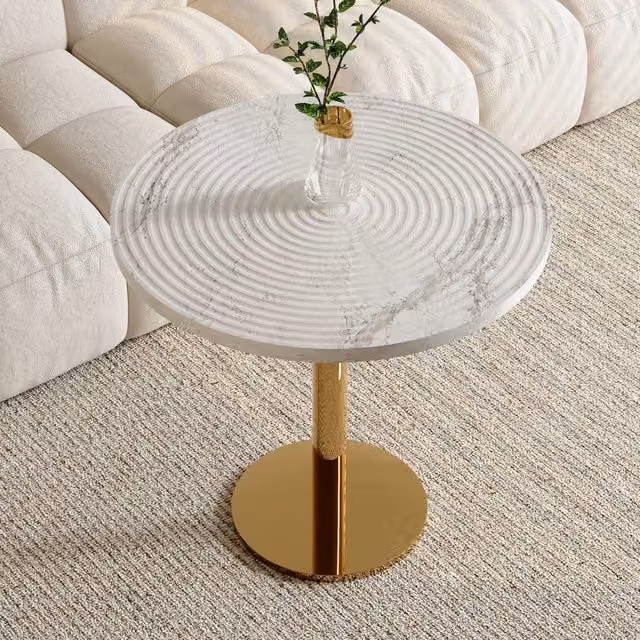 Tavolo da pranzo rotondo 80 cm in MDF effetto marmo bianco con struttura in metallo dorato