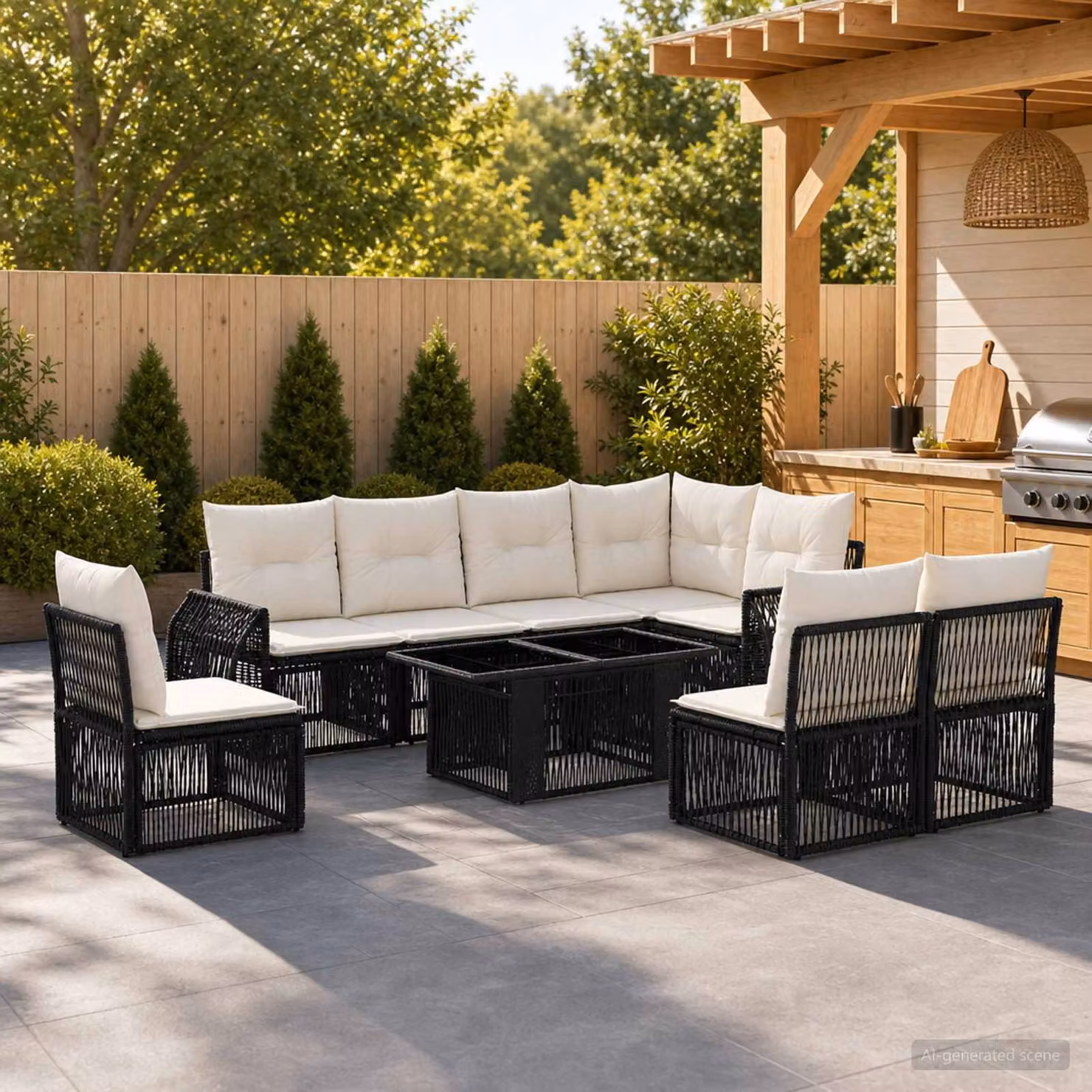 Set Divano da Giardino vidaXL 9 pz in Polyrattan Nero e Bianco Crema con Cuscini e Tavolino da Esterno