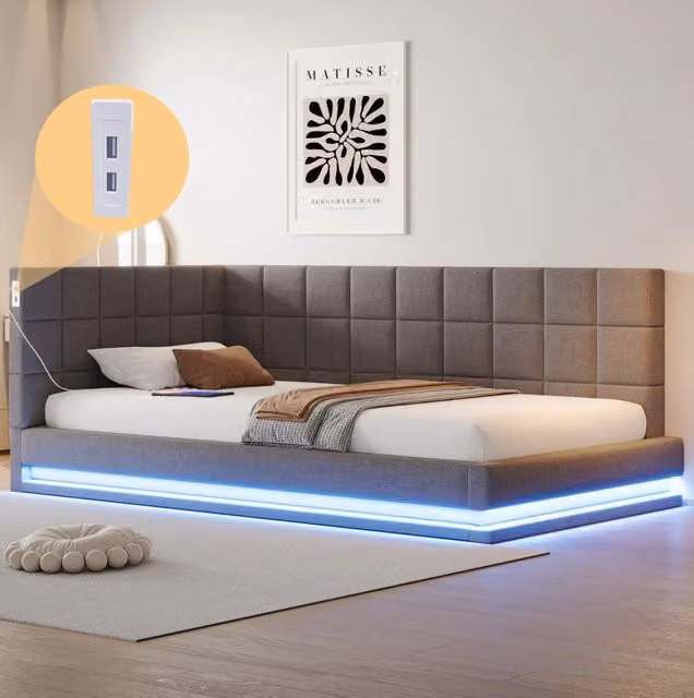 Divano letto 90x200 cm grigio in lino, con LED, USB e rete a doghe