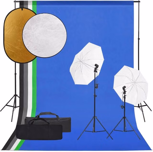 Kit per studio fotografico professionale con illuminazione LED, fondale bianco e riflettore multicolore con treppiede regolabile