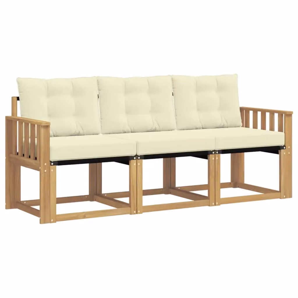Set di divani da esterno 3 pezzi vidaXL in legno di acacia con cuscini Bianco e Beige – 2