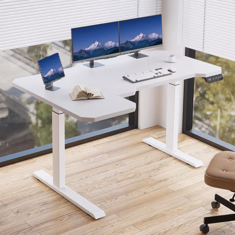 Hilodesk 150cm l-desk scrivania angolare regolabile elettricamente in altezza, con due motori, scrivania a forma di l in piedi, con controllo a 4 memorie, bianco