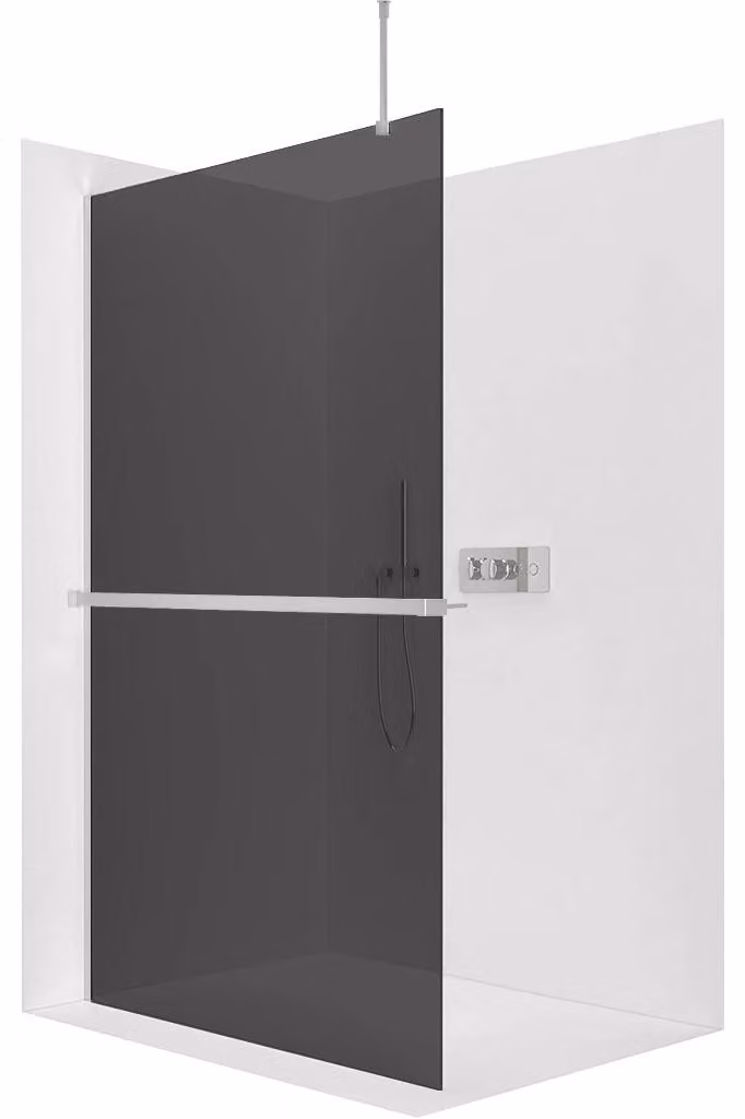 Pannello doccia angolare Walk-in Onyx Top Round, vetro da 8 mm, montante rotondo + ripiano/portasciugamani, finitura cromata, vetro grigio, dimensioni 110x200 cm