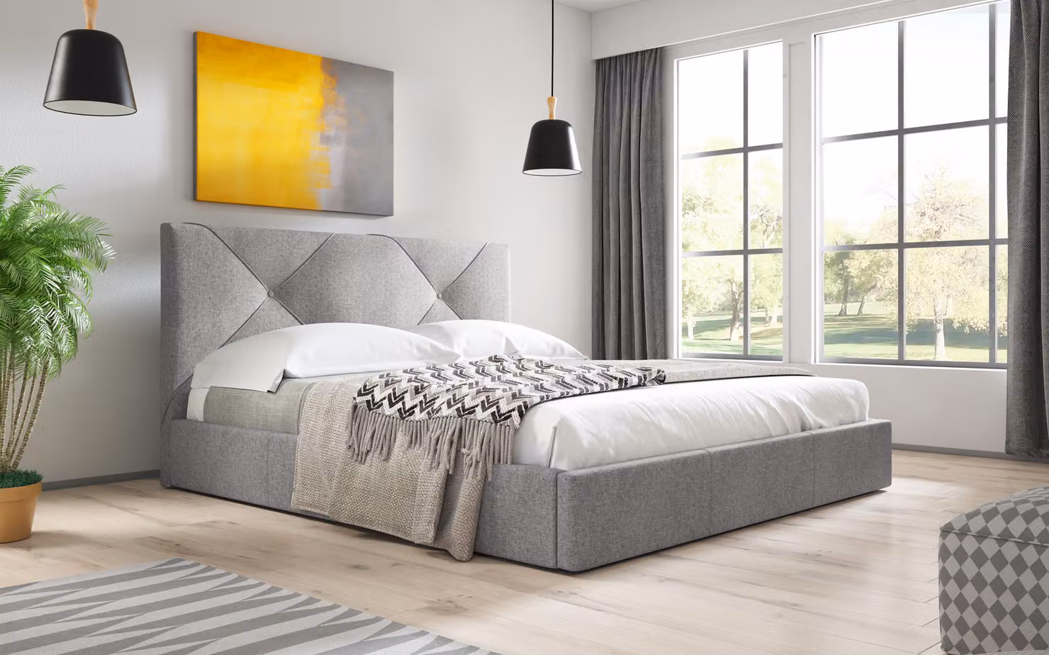 Letto imbottito Sofello, rete a doghe in legno, 90 cm, grigio, moderno, tessuto intrecciato con vano contenitore, rete a doghe in legno con funzione di sollevamento, design trapuntato