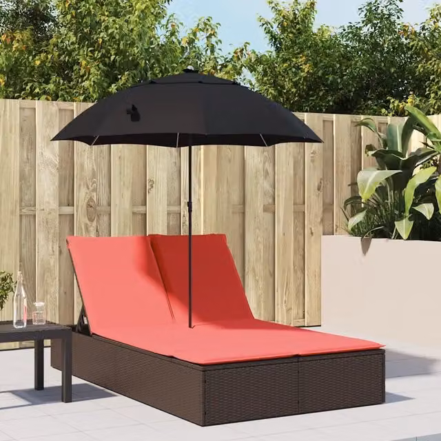 Lettino Prendisole Doppio Cuscini e Parasole Marrone Polyrattan 368087