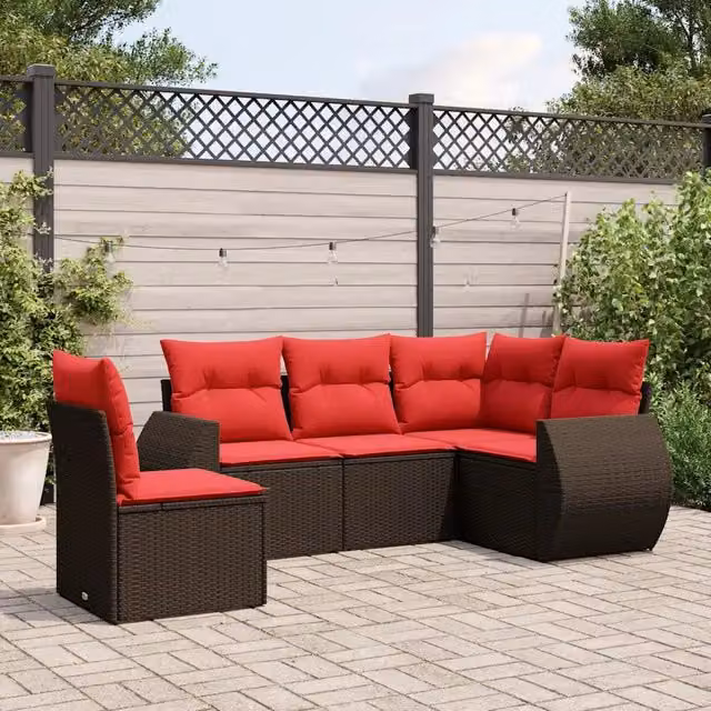 Set Divani da Giardino 5 pz con Cuscini Marrone in Polyrattan 3221373