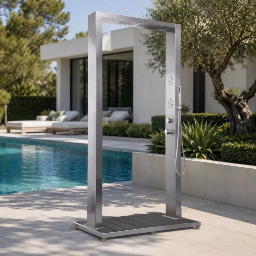 Colonna doccia da esterno doppia in bamboo e acciaio inox spazzolato con pedana in WPC, colore argento, H: 210 cm – 2