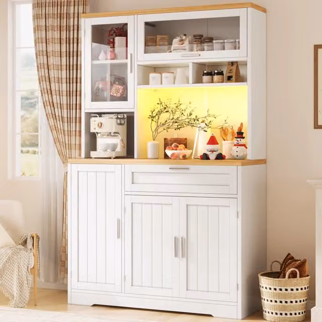 Colonna alta WISHDOR con illuminazione LED integrata, bianca, in MDF, metallo e vetro, ideale per cucina e soggiorno, L: 104 cm, P: 40 cm, H: 180 cm