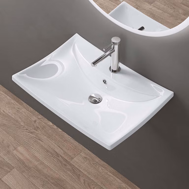 doporro Lavabo da Appoggio in Vetroceramica Bianco Lucido, Lavandino Bagno Moderno con Foro Rubinetto e Rivestimento Nano 60,5x44x18 cm Brš¹ssel709