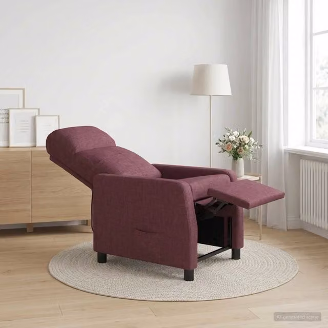 Poltrona reclinabile relax in tessuto viola con braccioli e design moderno per soggiorno o ufficio