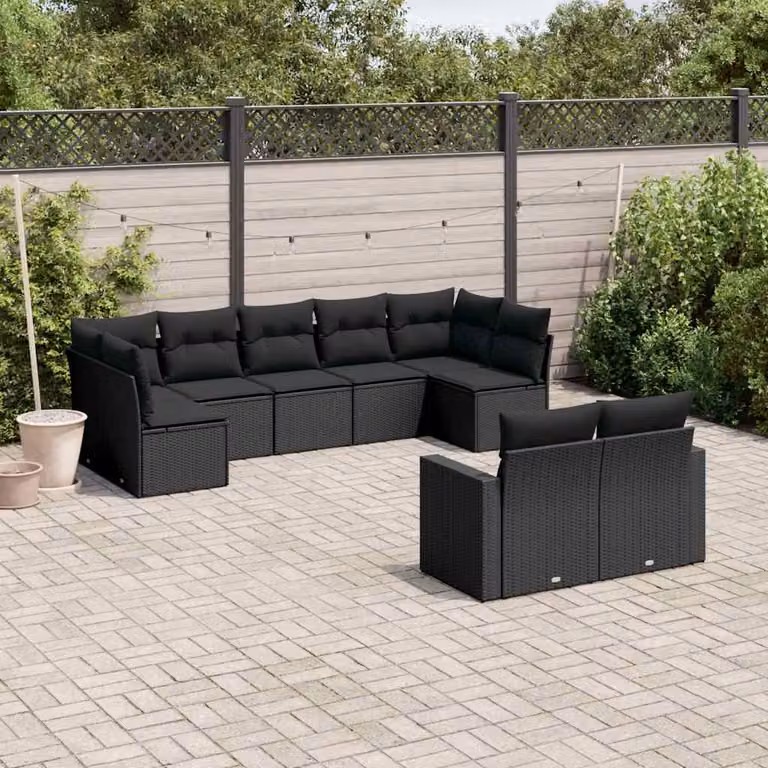 Set di divani da giardino vidaXL 9 pz in rattan nero con cuscini imbottiti e coperture rimovibili