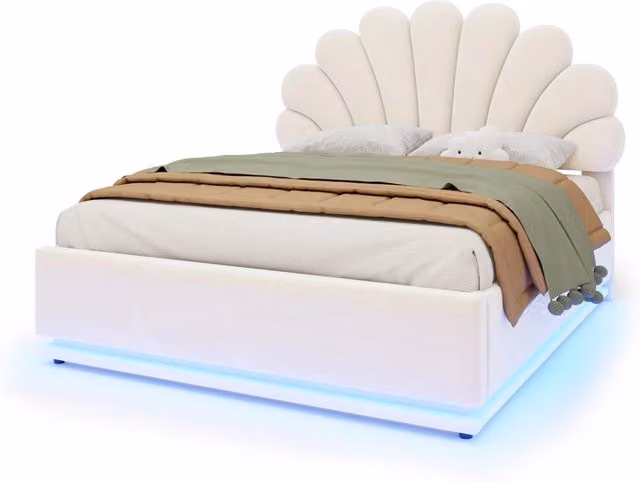 Letto contenitore matrimoniale in velluto beige con testiera a fiore e illuminazione LED L/P/H: 140 x 200 x 149 cm