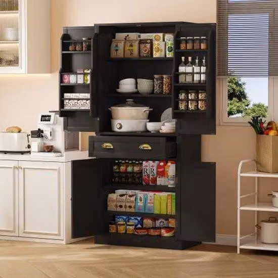 Credenza da 182 cm, 4 ante e 1 sportello a cassetto, 2 ante con ripiani in legno, 6 scomparti e 4 ripiani in legno regolabili, per cucina, sala da pranzo e soggiorno, nero