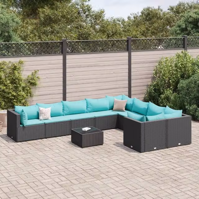 Set Divani da Giardino 10pz con Cuscini in Polyrattan Nero 3308324