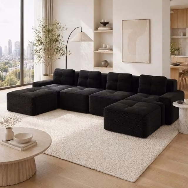 Divano modulare MODFU a 4 posti con chaise longue a U in velluto a coste nero L: 382 cm, P: 177 cm, H: 69 cm
