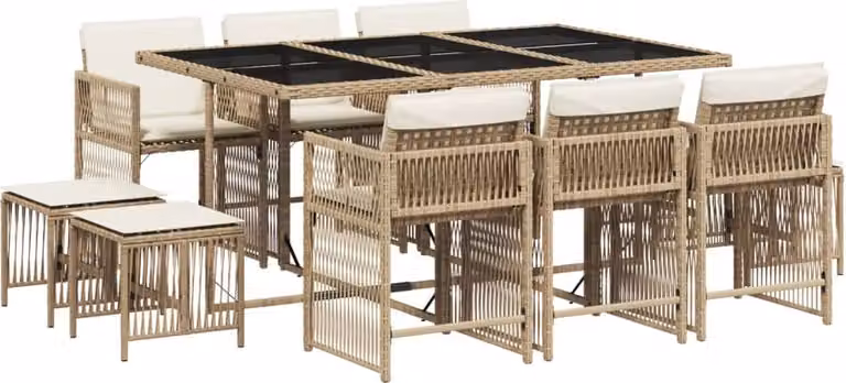 Set da Pranzo da Giardino 11 pz con Cuscini Beige in Polyrattan