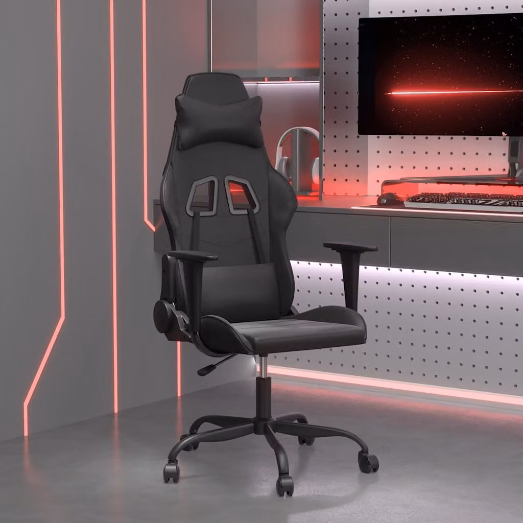 vidaXL Sedia da Gaming Nera in Similpelle con Poggiatesta e Ruote, Ruotabile a 360 Gradi, L/P/H: 66,5 x 61,0 x 127,5 cm