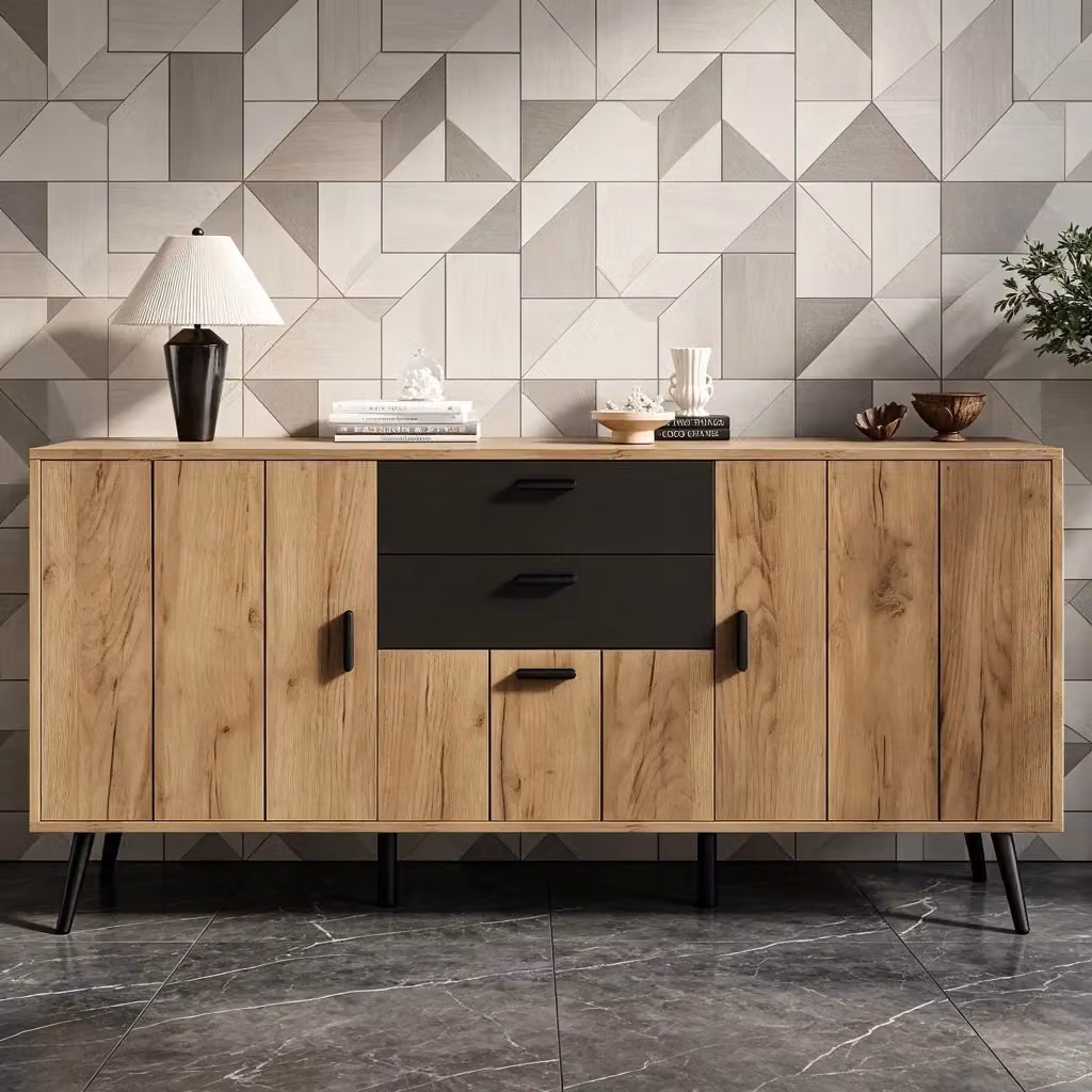 Credenza e madia moderna OKWISH in MDF e legno nero e marrone con 2 cassetti soft-close, 3 ante e 7 vani per soggiorno e sala da pranzo, L 140 x P 35 x H 67 cm – 2