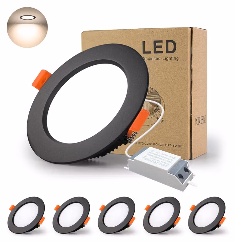 5 faretti LED da incasso, 7W, 4000K, diametro 7,6 cm (3 pollici), forma circolare, colore nero